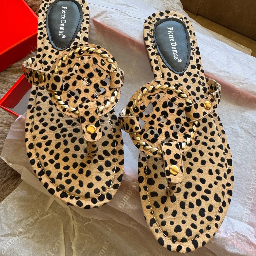 Pierre Dumas Tan Leopard Print Women's Thong Flip Flops